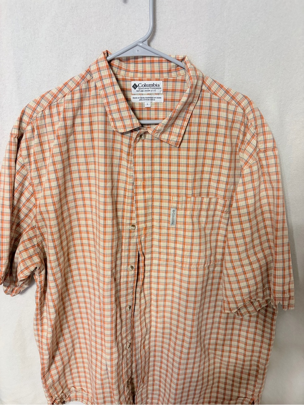Columbia Orange and Cream Plaid Short-Sleeve Button-Down Shirt